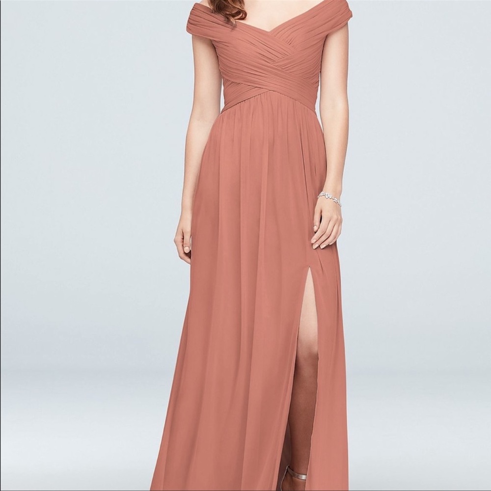 David’s Bridal Desert Coral Bridesmaid Dress Off-The-Shoulder
